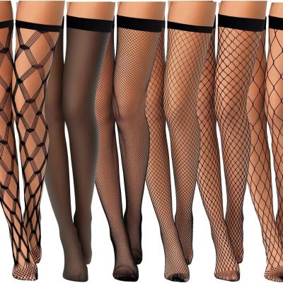 Janmercy 6 Pairs Women Thigh High Fishnet Stockings with Top Elastic Band Sheer